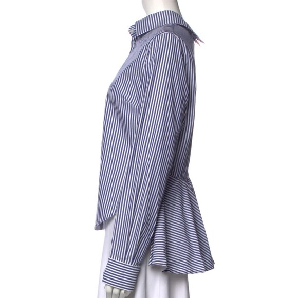 DESIGNER OVELIA TRANSTOTO BLUE/WHITE STRIPED COLLAR BUTTOM-UP LONG SLEEVE BLOUSE - Picture 3 of 9